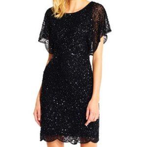 Adrianna Papell Black Beaded Flutter Sleeves Dress